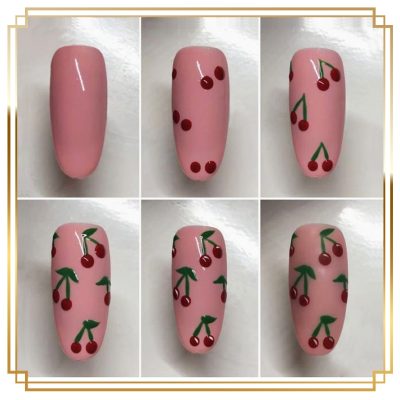 Dark Pink-Based Cherry Printed Nails